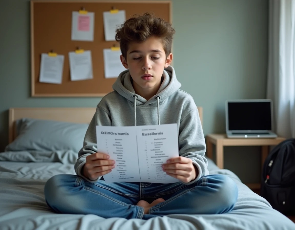 Adolescent révisant un tableau de conjugaison espagnol imprimé dans sa chambre, vue de face