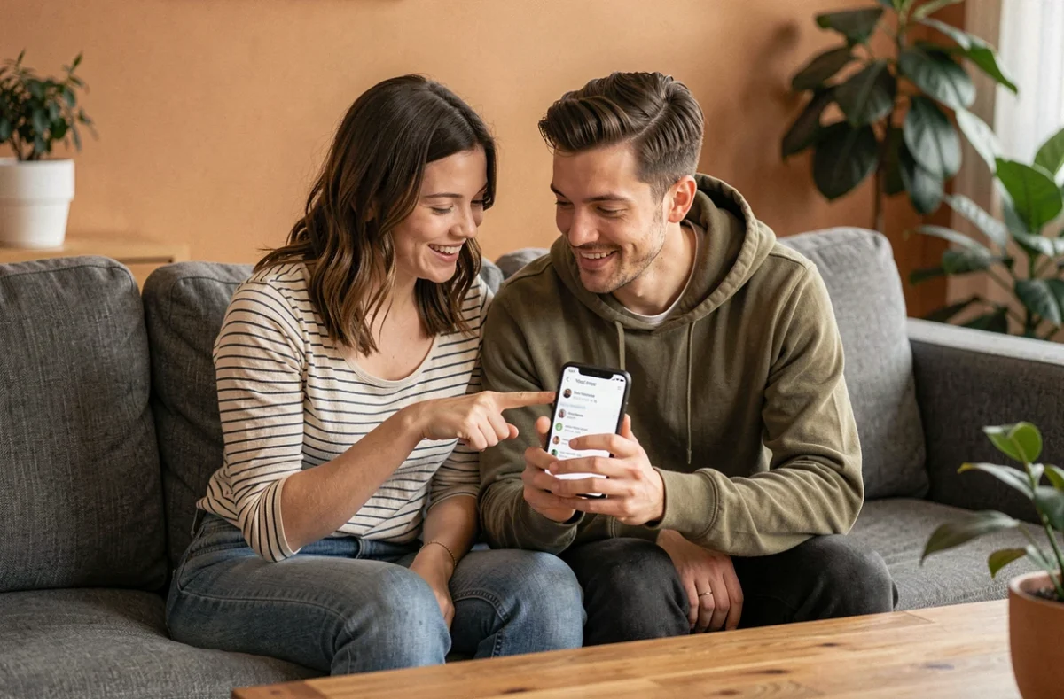 Deux amies regardant ensemble les demandes d'abonnement Instagram sur un canapé dans un salon cosy