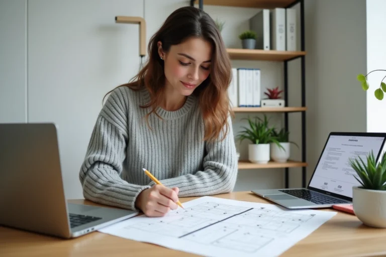 Femme analysant la structure d'un site web sur un bureau organisé avec un plan de navigation imprimé