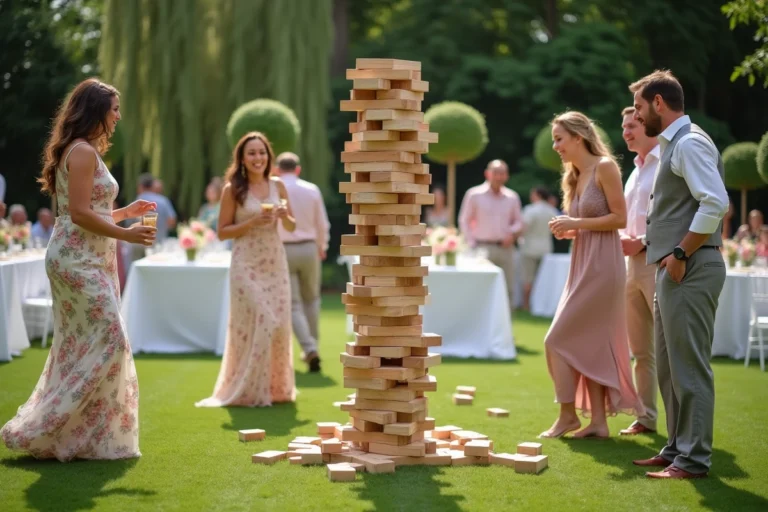 Invités de mariage jouant à un Jenga géant lors d'une réception en plein air dans un jardin fleuri
