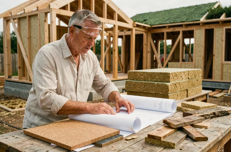 Architecte examinant des plans de construction écologique avec des matériaux naturels comme le liège et la paille sur un chantier d'éco-construction