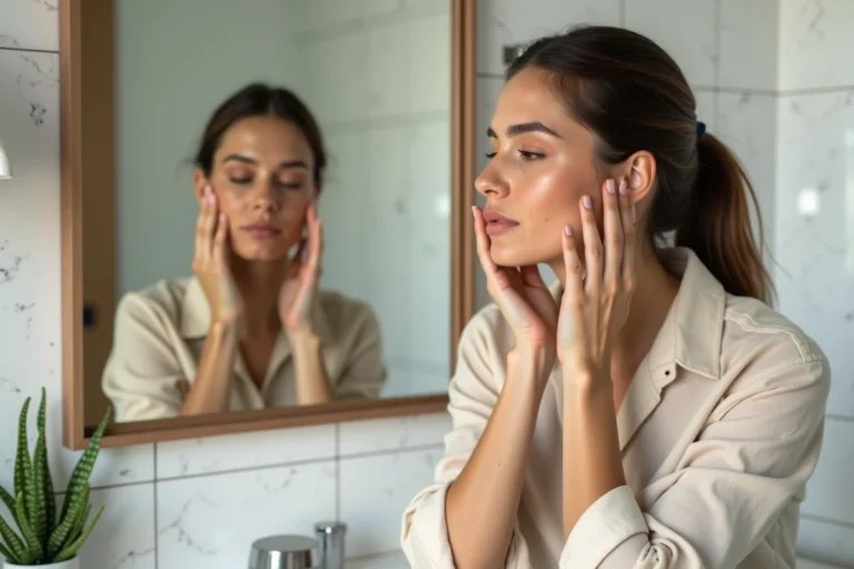 Femme aux traits naturels se regardant dans un miroir de salle de bain avec des plantes vertes et un comptoir en marbre blanc