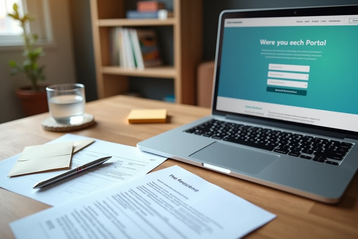Bureau avec documents administratifs, enveloppe et ordinateur portable ouvert sur un portail de retraite Agirc-Arrco