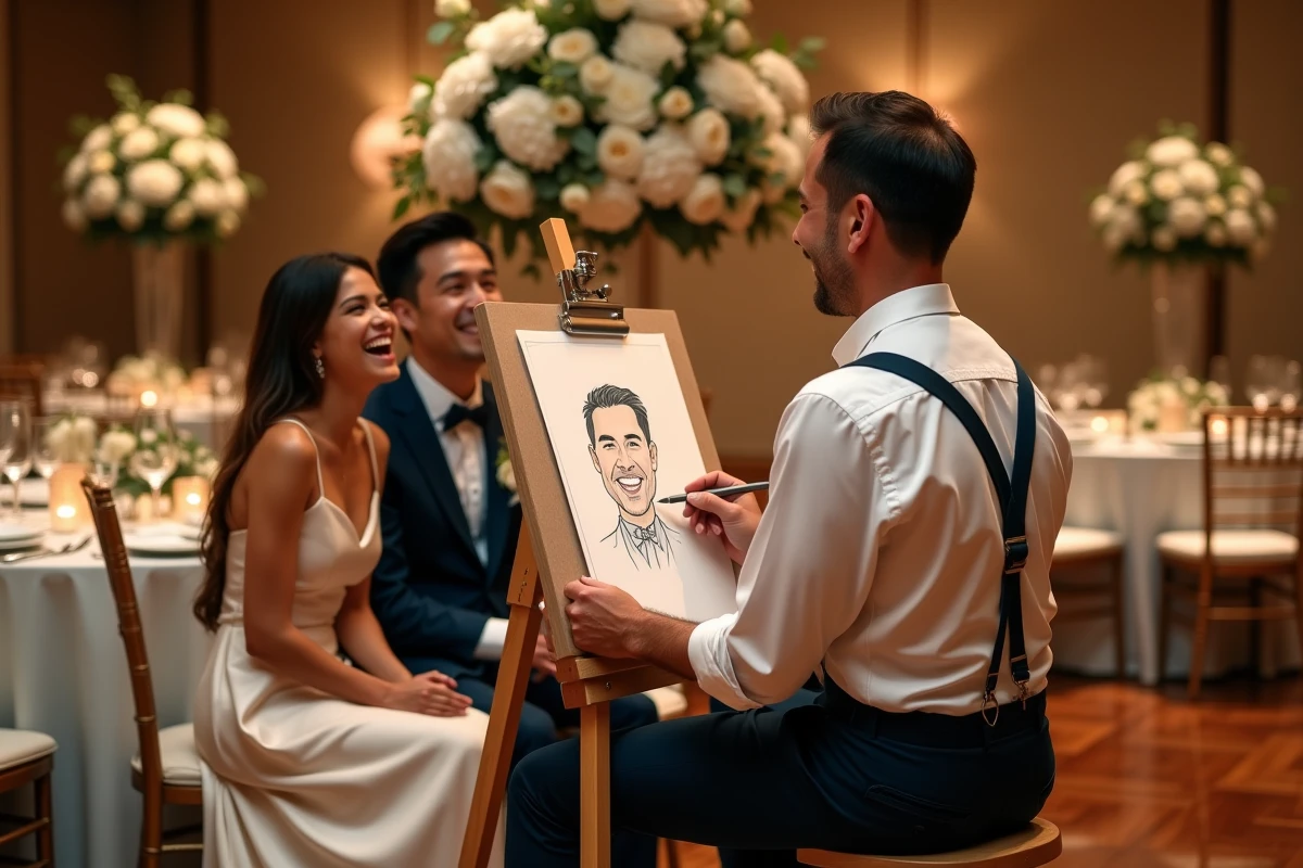 Artiste caricaturiste dessinant un couple de mariés lors d'une réception de mariage dans un élégant salon de bal