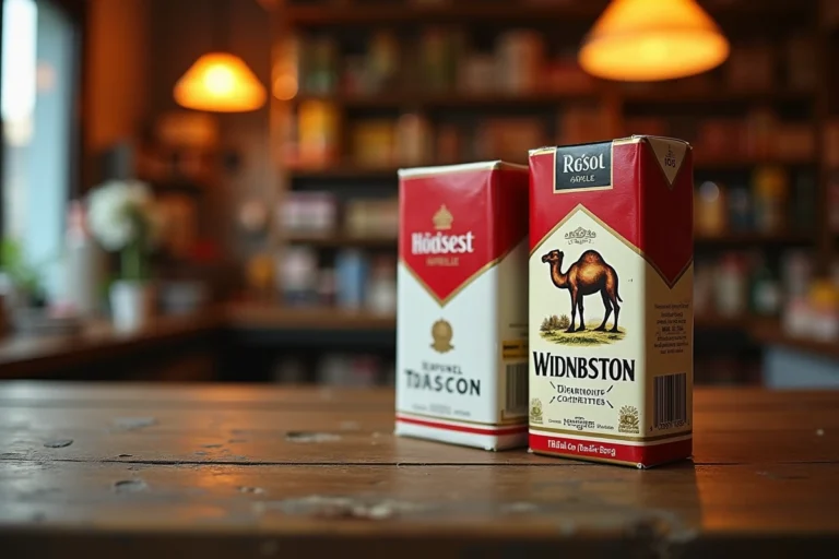 Cartouches de cigarettes Camel et Winston posées sur le comptoir d'un bureau de tabac au Luxembourg