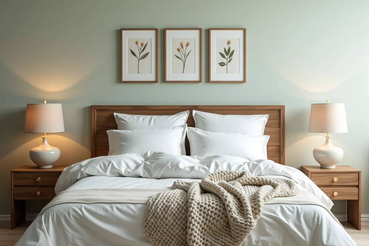 Chambre moderne décorée avec un cadre de lit en noyer, linge blanc et détails botaniques sur un mur en chaux sauge