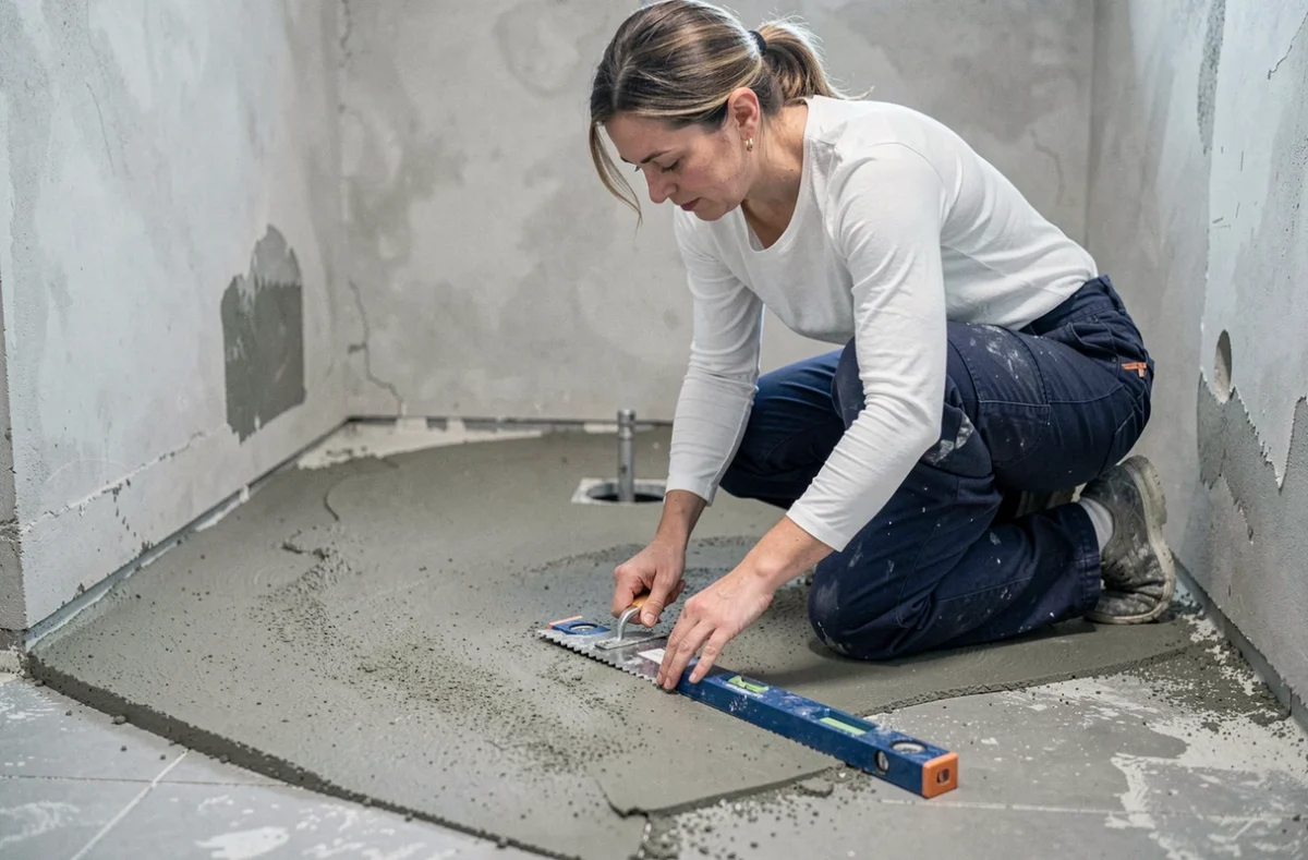 Carreleur vérifiant la pente d'une chape maigre dans une douche italienne en construction