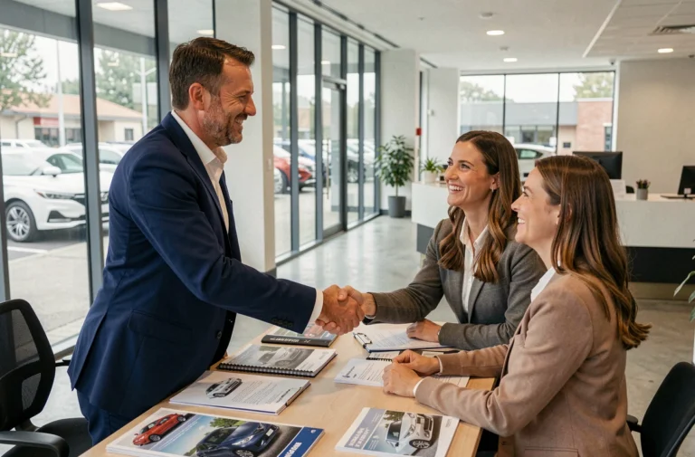 Un conseiller automobile et un couple signent un accord de confiance dans une concession moderne et lumineuse