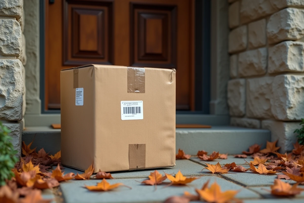 Colis de livraison déposé devant une porte d'entrée illustrant une commande passée sur un site de vente en ligne douteux