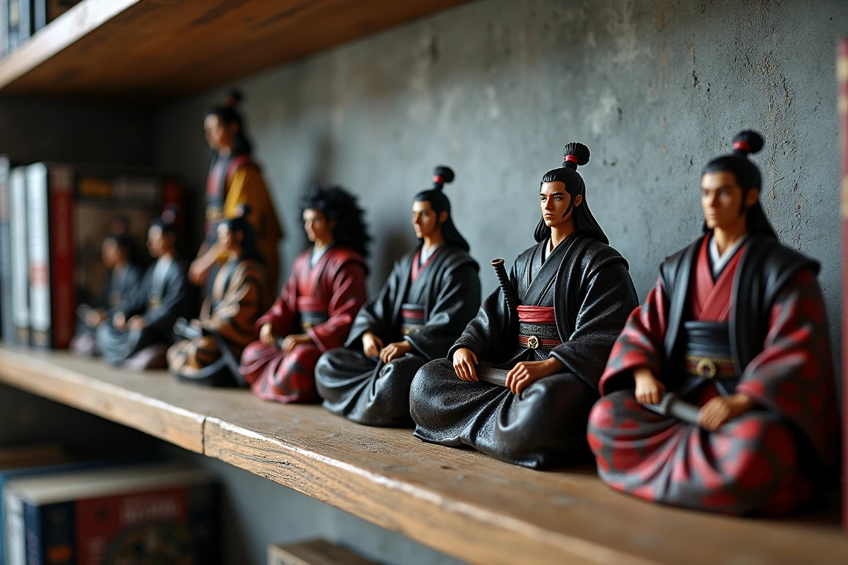Collection de figurines et mangas de héros japonais sur une étagère en bois illustrant l'univers Bankai