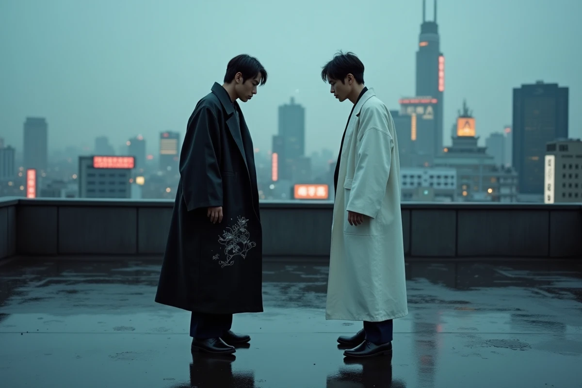Deux jeunes hommes en tenues inspirées du Japon s'affrontent sur un toit urbain sous la pluie évoquant l'univers Bankai