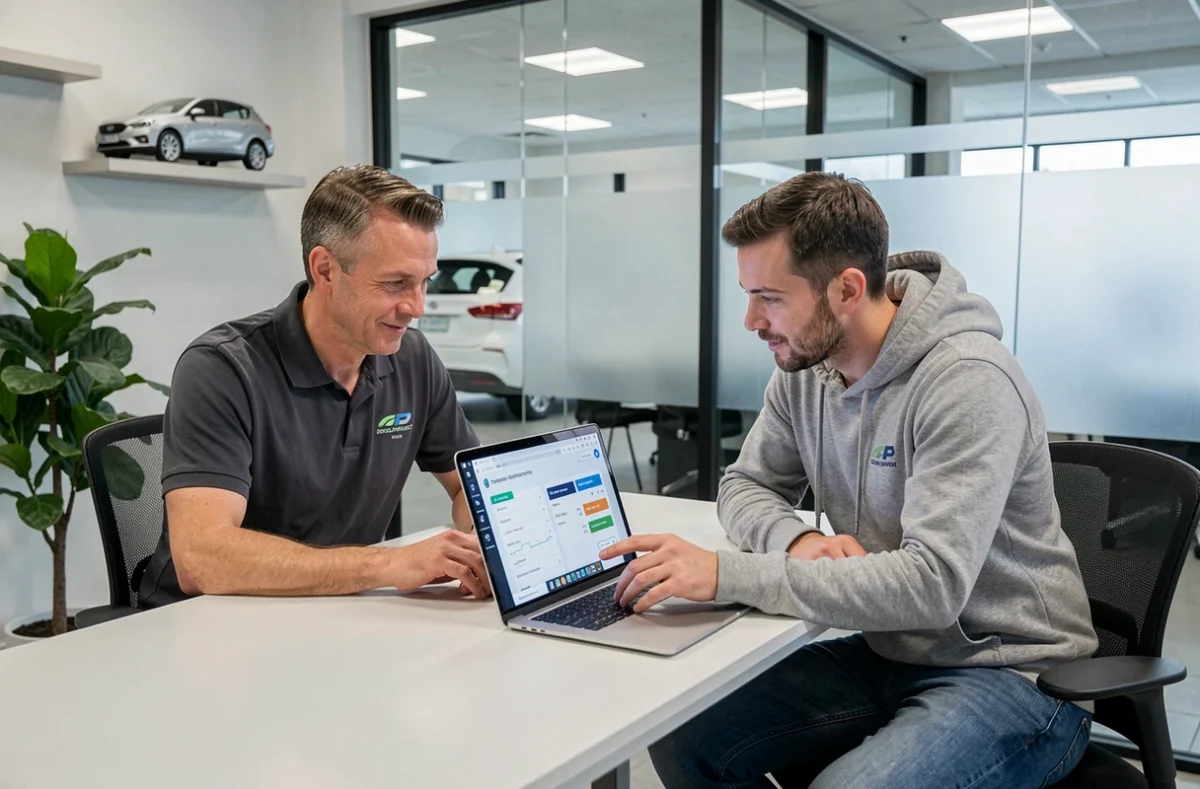 Un conseiller de vente et un client comparent des offres de financement automobile sur un ordinateur en concession