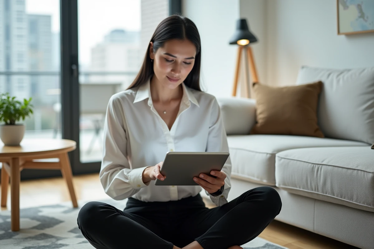 Femme consultant la structure de navigation d'un site web sur une tablette dans un salon moderne