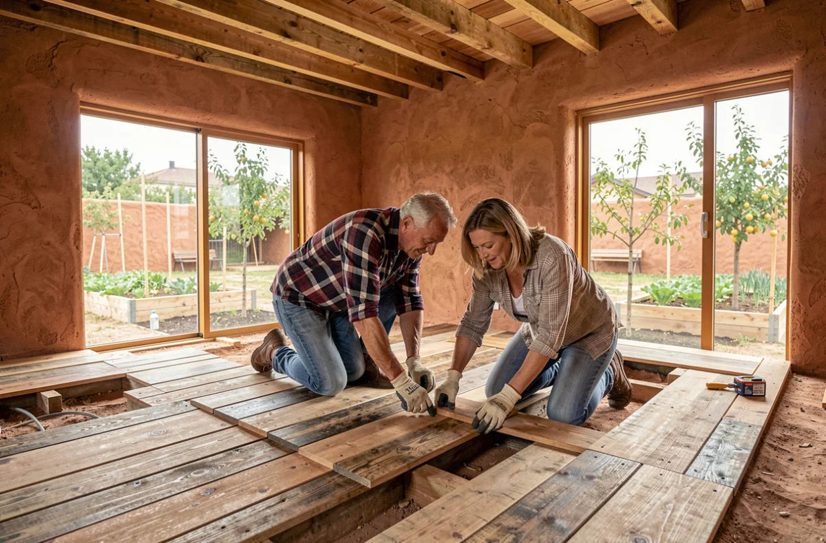 Couple posant un plancher en bois recyclé à l'intérieur d'une maison écologique avec murs en terre et poutres en bois apparentes