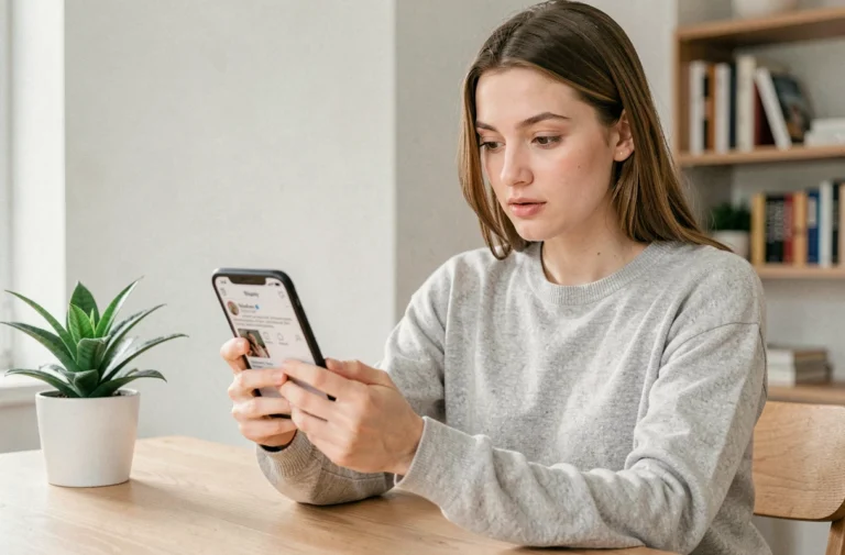 Jeune femme consultant les demandes d'abonnement Instagram sur son smartphone dans un bureau moderne