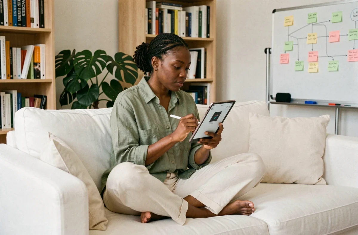Designer UX analysant un prototype d'application mobile créé par intelligence artificielle dans un studio à domicile