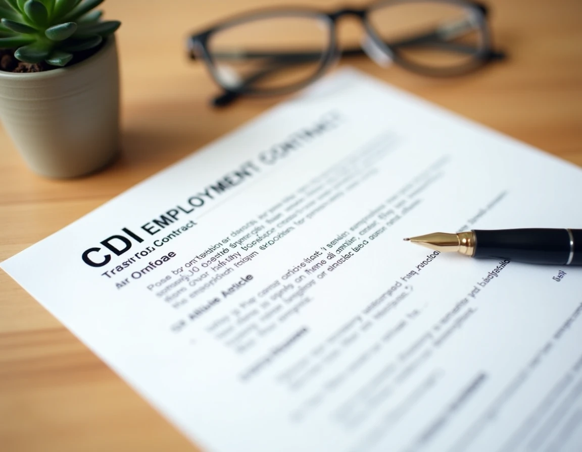 Détail d'un contrat de travail CDI sur un bureau avec stylo et lunettes