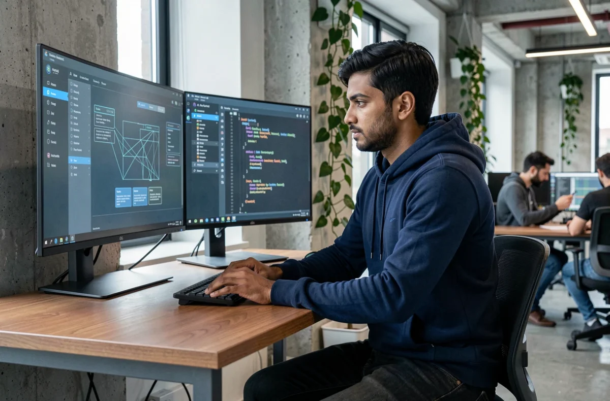 Développeur utilisant une interface d'intelligence artificielle pour coder une application web dans un bureau technologique moderne