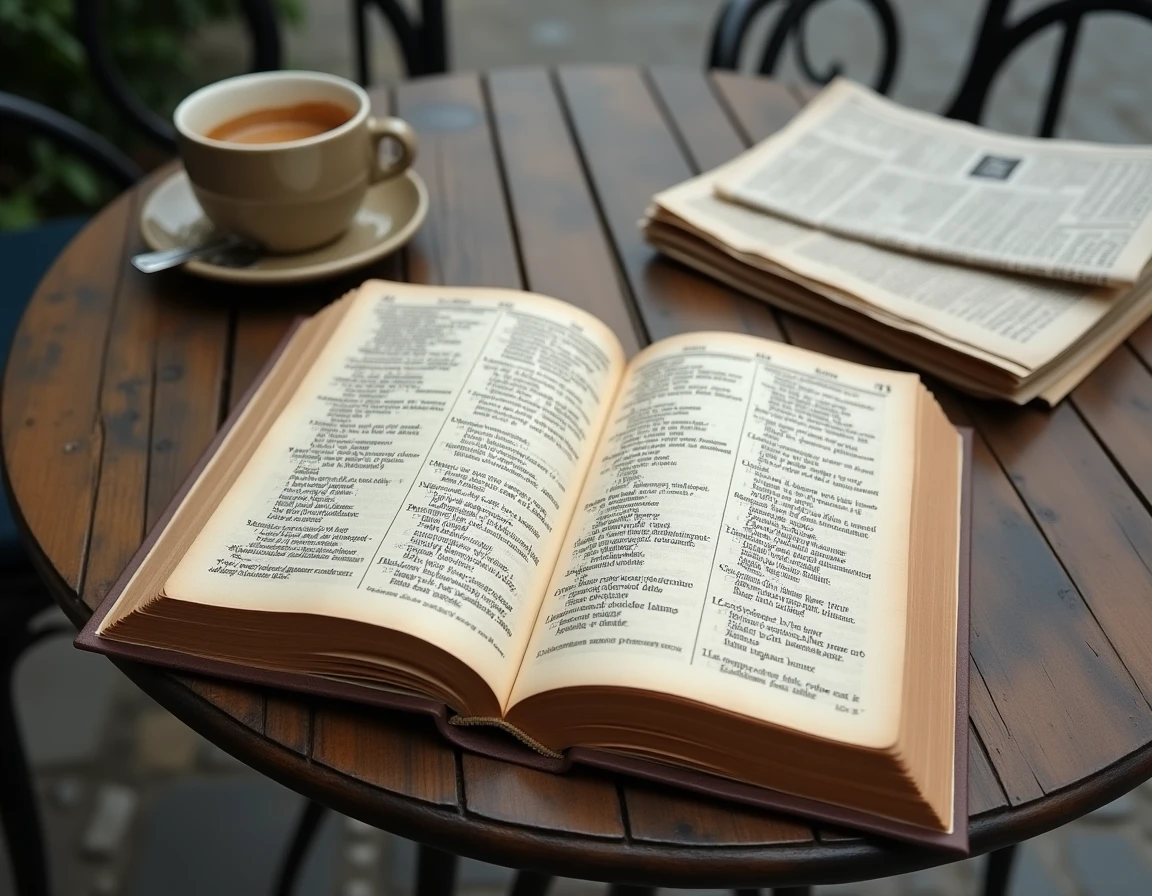 Dictionnaire d'argot français ouvert sur une table de café parisienne avec annotations manuscrites, illustrant l'origine et le sens du mot bazardée