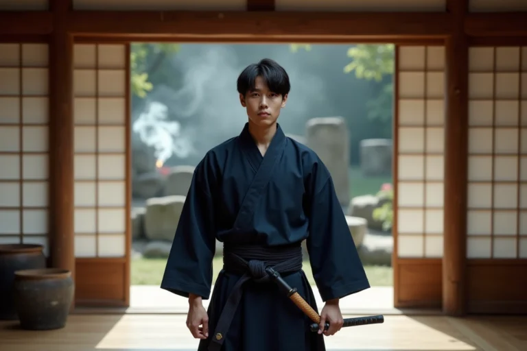 Jeune homme en tenue de kendo dans un dojo japonais traditionnel illustrant l'univers Bankai et ses héros