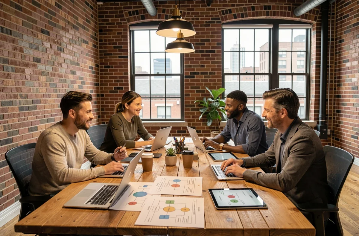Équipe diversifiée collaborant autour de solutions digitales pour améliorer la productivité en entreprise