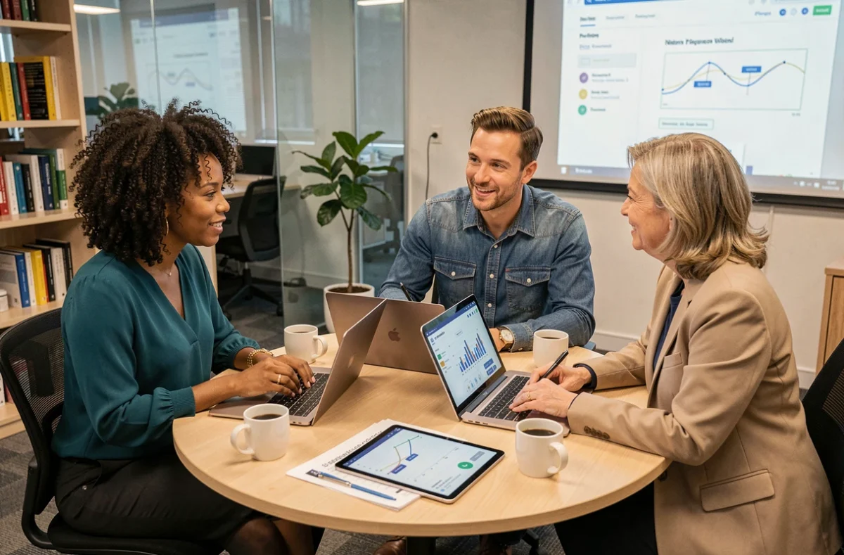 Équipe diversifiée collaborant autour d'une table sur un projet de transformation digitale et d'optimisation de présence en ligne