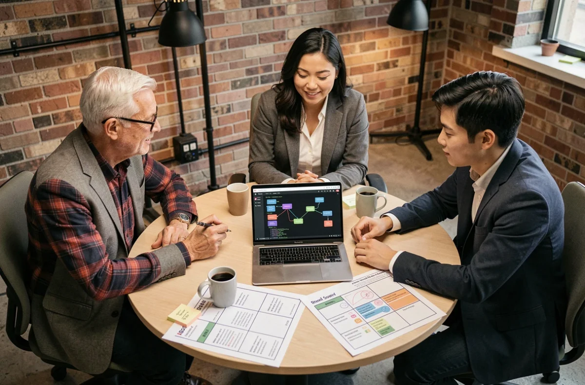 Équipe de développeurs collaborant autour d'un tableau de bord d'intelligence artificielle pour la création d'applications