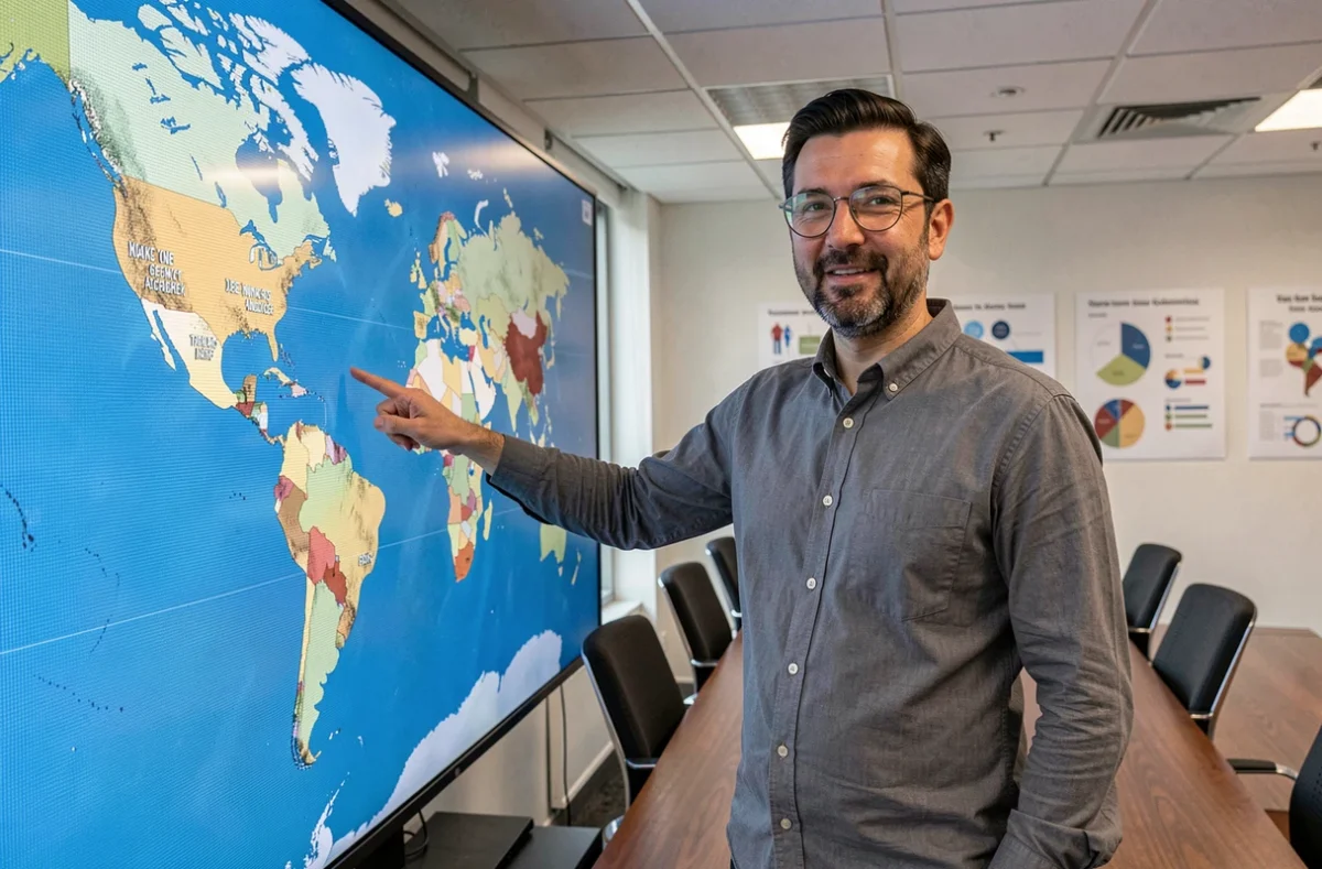 Expert en géopolitique présentant les grandes tendances mondiales devant une carte numérique interactive