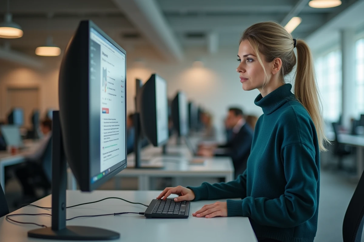 Femme cadre consultant un réseau professionnel en ligne dans un bureau en open space