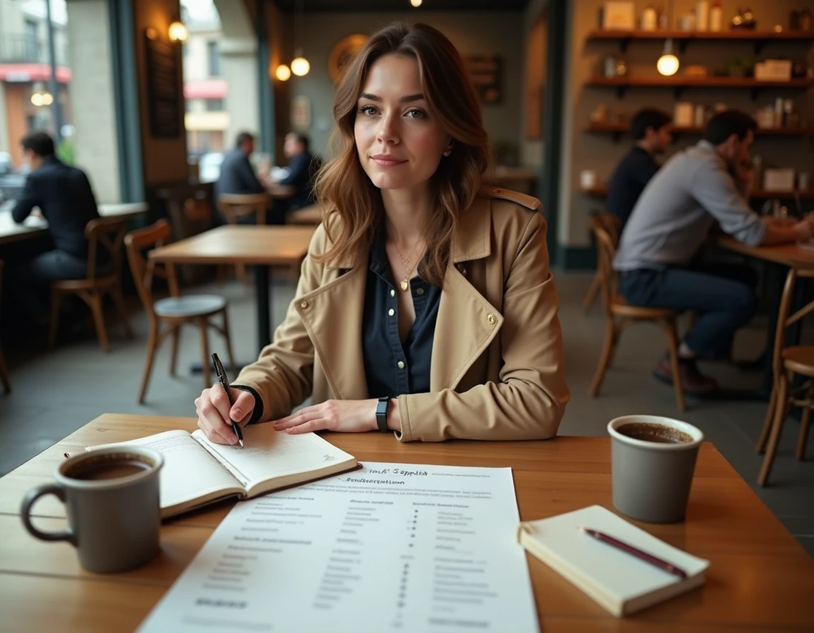 Femme révisant un tableau de conjugaison espagnol complet dans un café avec un cahier de notes et un café