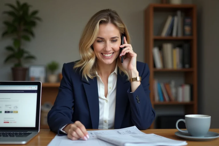Femme contactant l'agence Famille SNCF par téléphone depuis son bureau à domicile