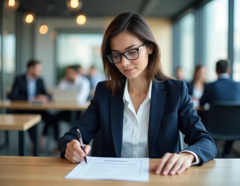 Femme professionnelle relisant un contrat de travail CDI dans un bureau moderne