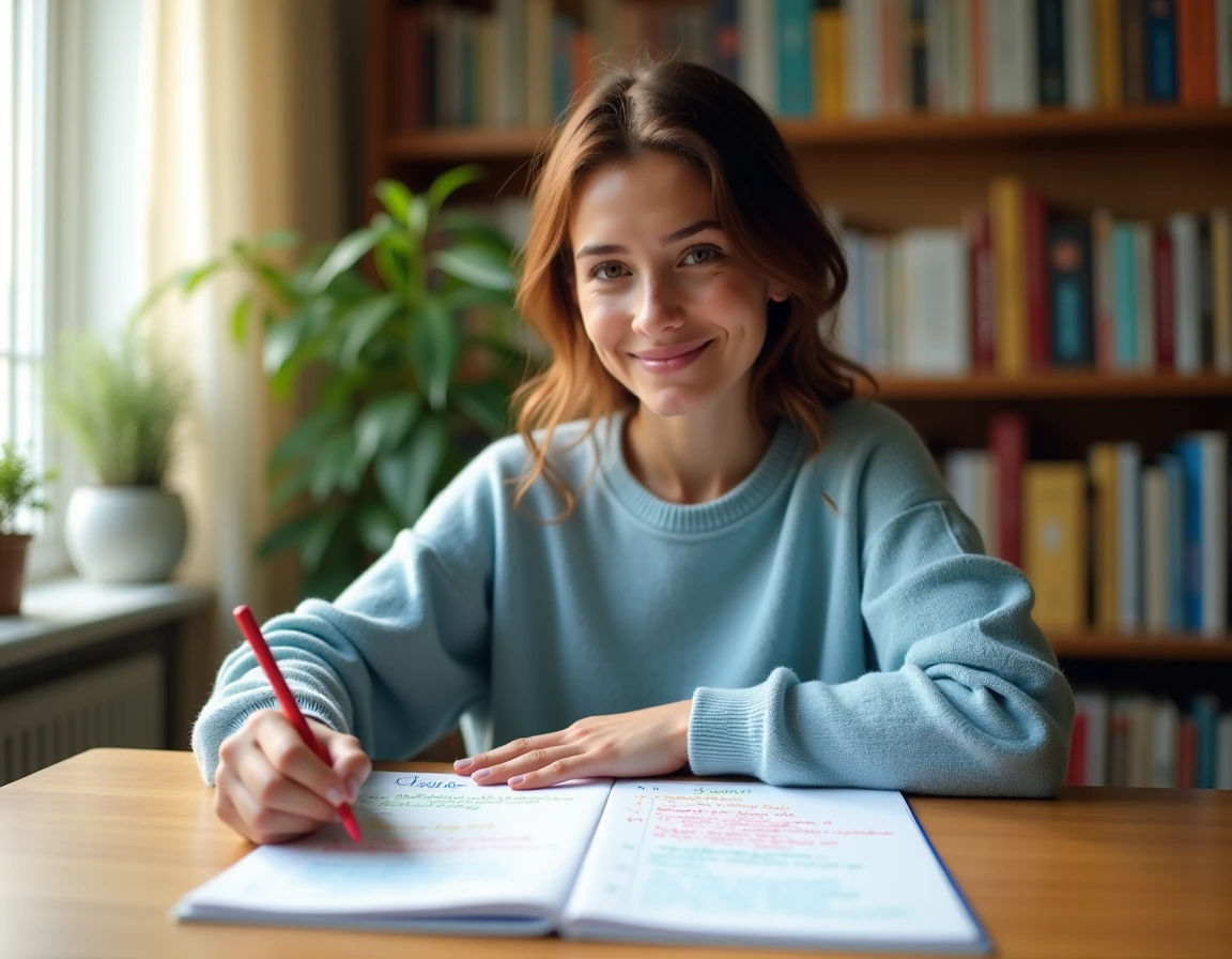 Jeune femme étudiant un tableau de conjugaison espagnol imprimé avec des surligneurs colorés sur un bureau en bois