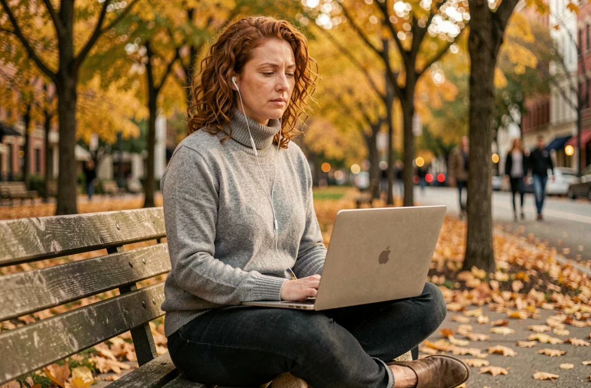Femme de 40 ans en reconversion suivant une formation en ligne dans un parc urbain en automne