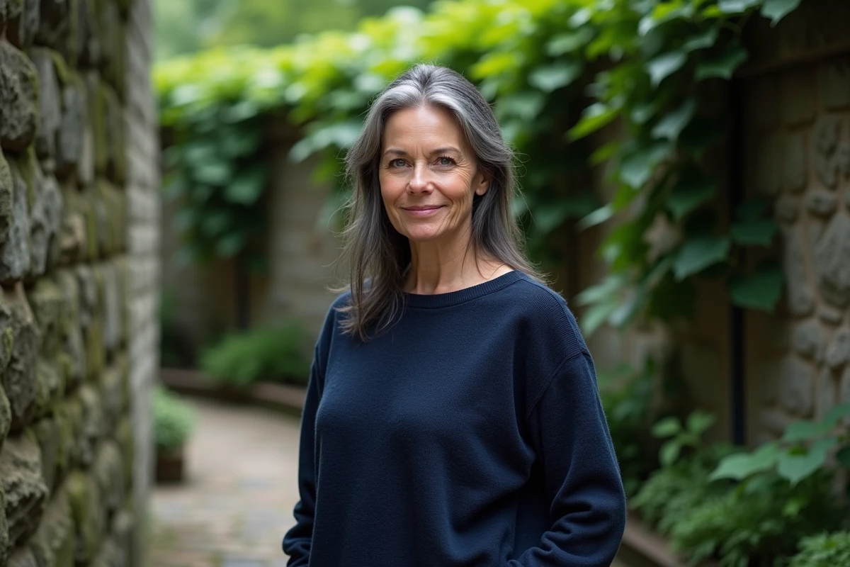 Femme mature aux cheveux naturels grisonnants dans un jardin botanique urbain avec végétation et murs en pierre