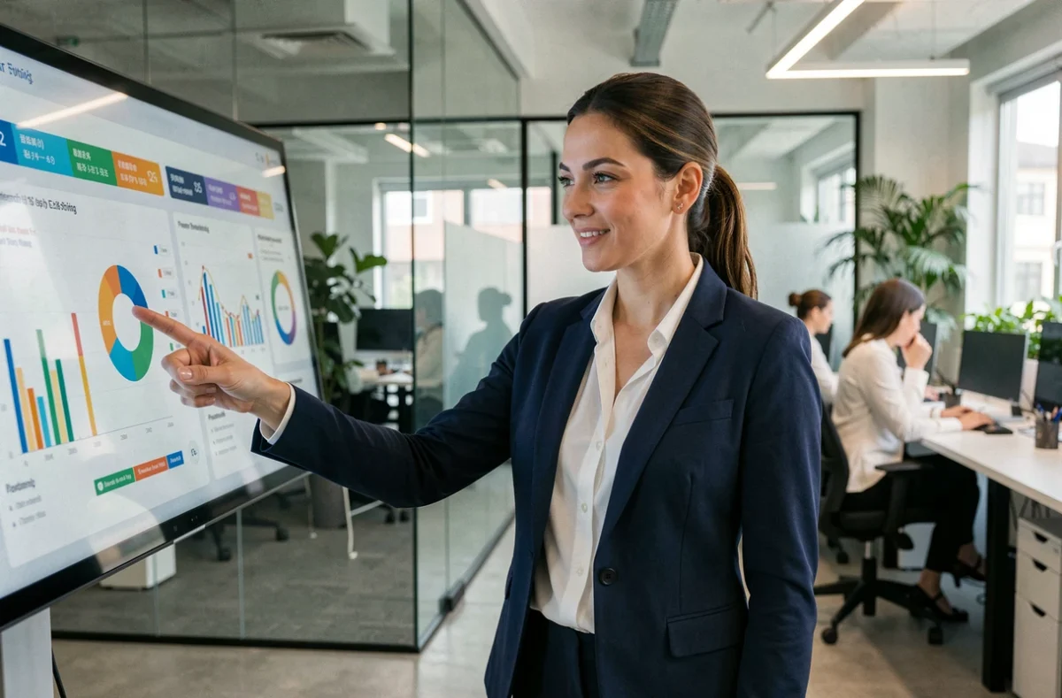 Femme professionnelle interagissant avec un tableau de bord digital de productivité dans un bureau moderne