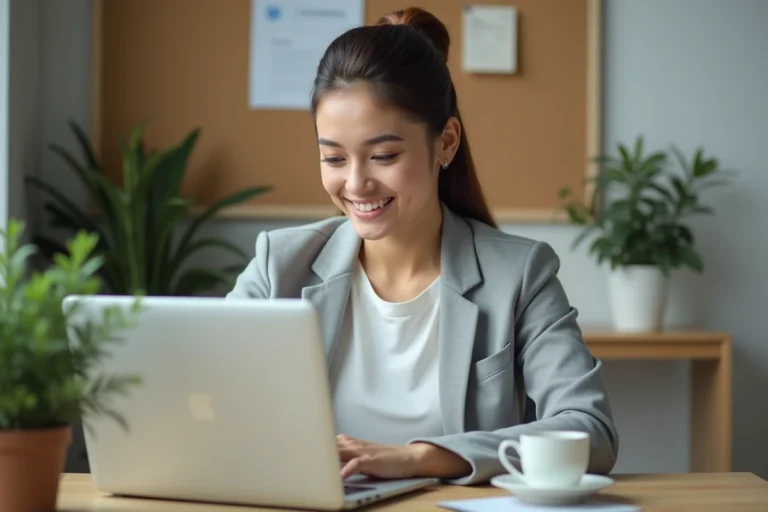 Femme professionnelle optimisant sa recherche d'emploi en ligne depuis son bureau à domicile