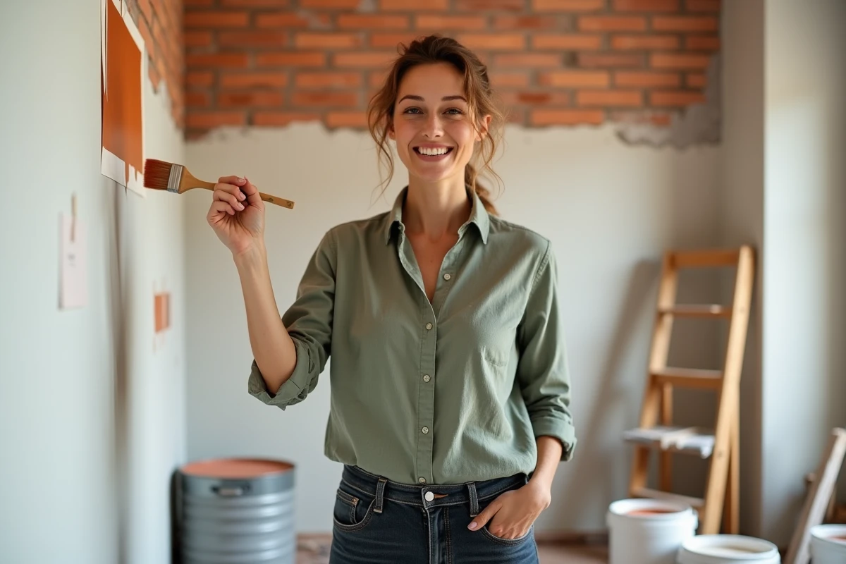 Femme appliquant de la peinture terracotta sur un mur lors d'une rénovation de cuisine avec des échantillons de couleurs