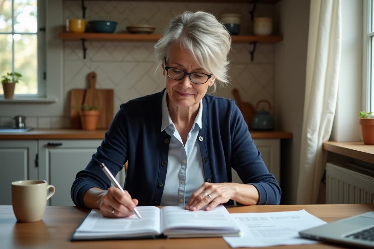 Femme retraitée organisant ses justificatifs administratifs pour l'Agirc-Arrco à son bureau à domicile
