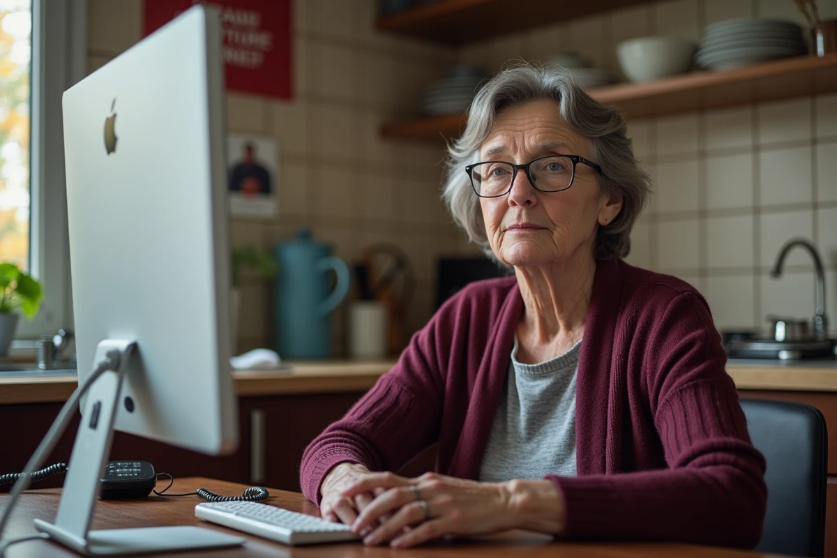Femme senior cherchant à contacter l'agence Famille SNCF via internet et téléphone fixe
