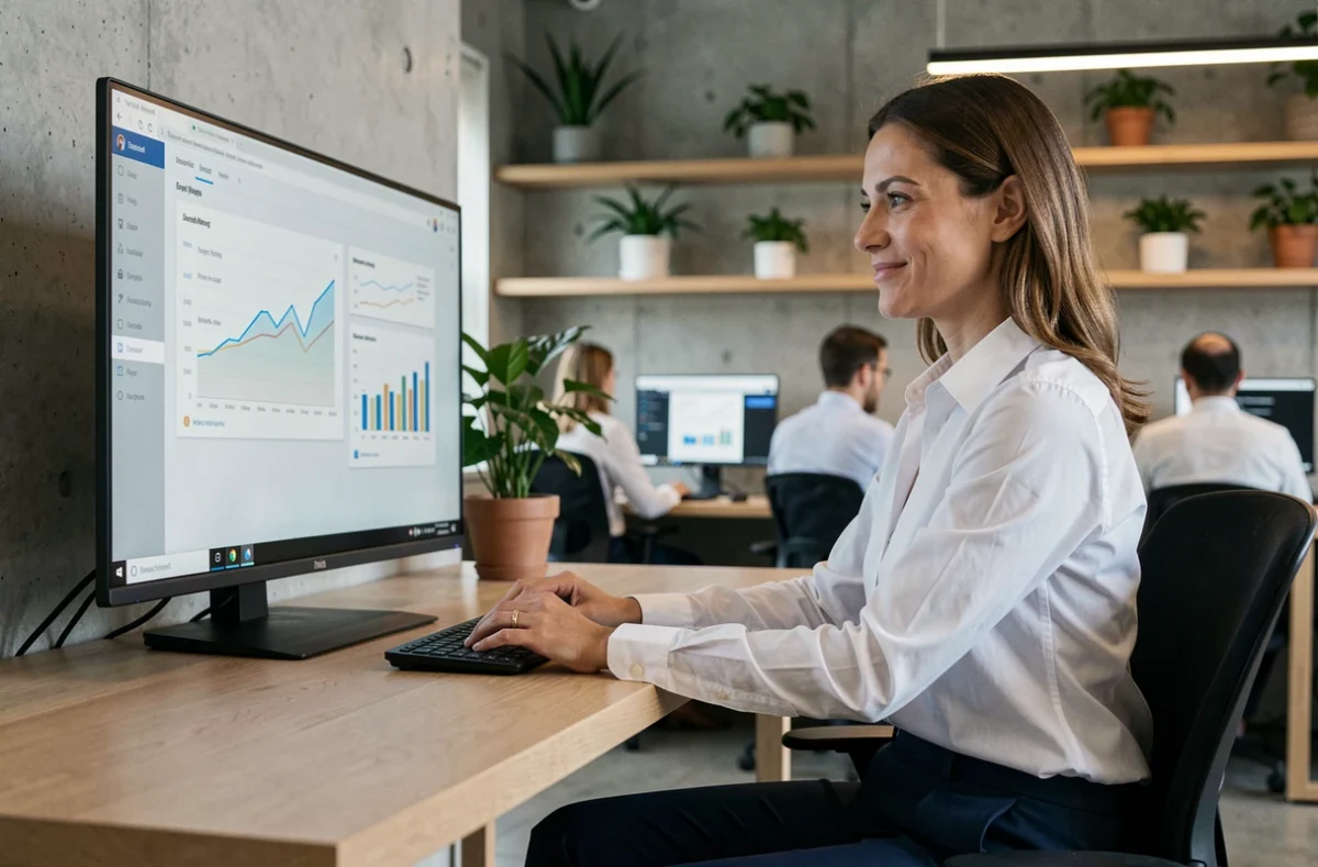 Femme professionnelle analysant une stratégie de transformation digitale sur un écran dans un bureau moderne