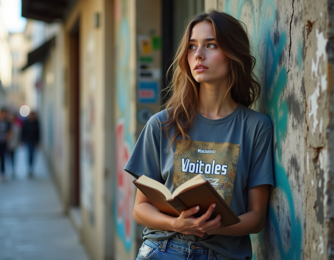 Jeune femme en tenue urbaine tenant un dictionnaire contre un mur de graffitis à Paris, illustrant le mot argotique bazardée