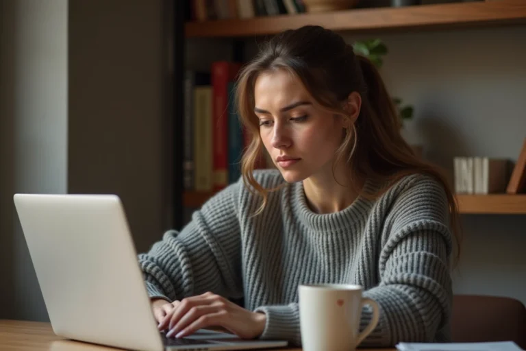 Femme sceptique consultant un site de vente en ligne sur son ordinateur portable pour vérifier sa fiabilité