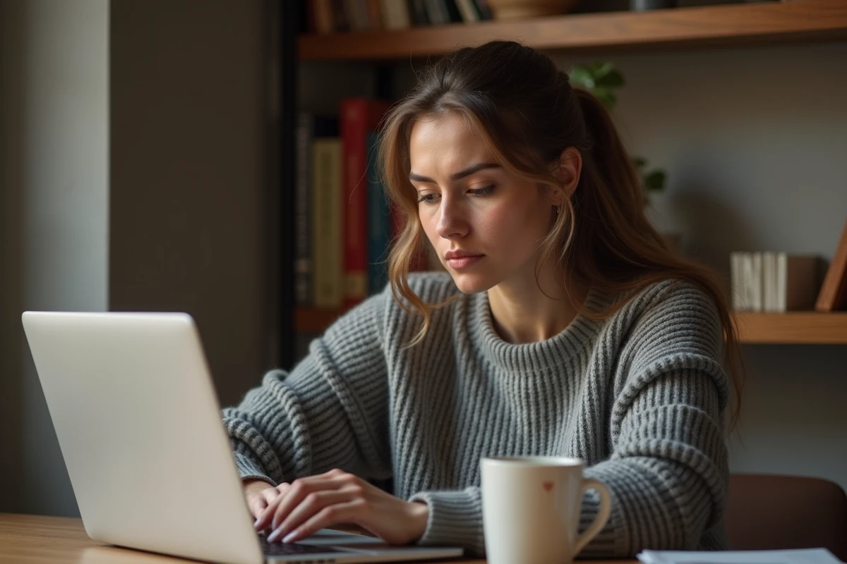 Femme sceptique consultant un site de vente en ligne sur son ordinateur portable pour vérifier sa fiabilité