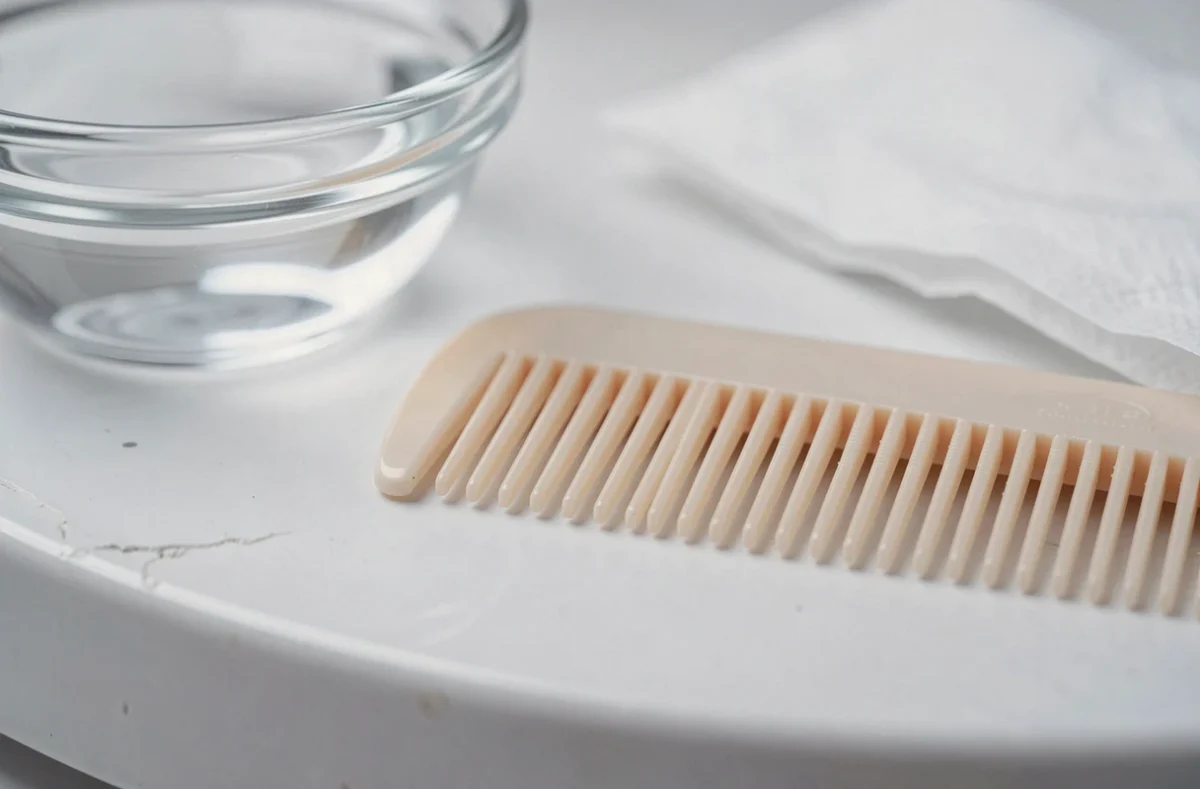 Gros plan d'un peigne anti-poux à dents fines posé sur une surface blanche avec un bol d'eau, dans un contexte d'examen capillaire