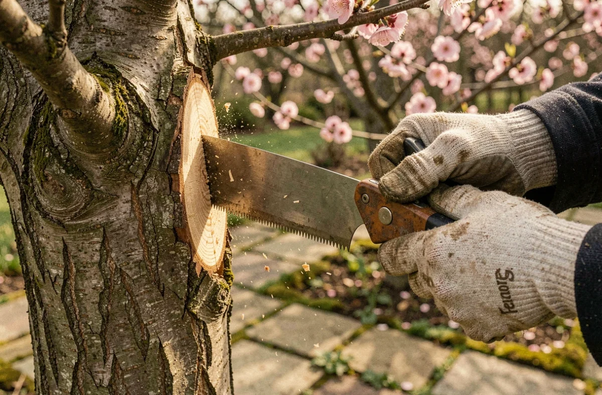 Gros plan sur des mains gantées tenant une scie à élaguer sur une branche épaisse de prunus