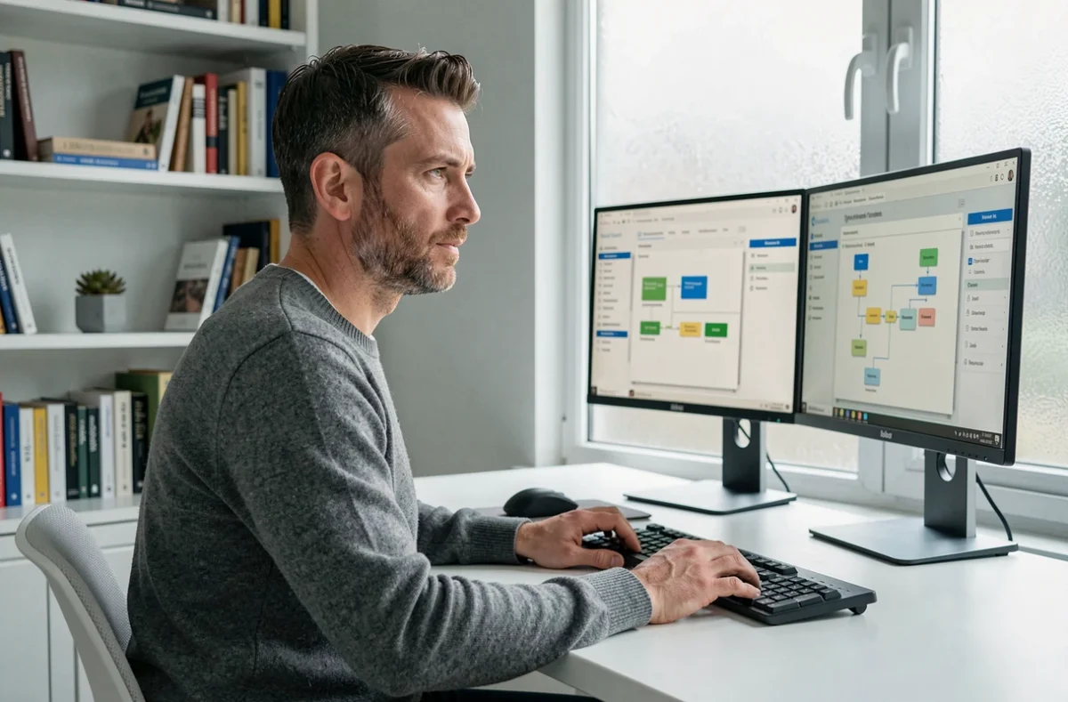 Homme travaillant sur des outils digitaux de gestion de projet pour optimiser la productivité depuis son bureau à domicile