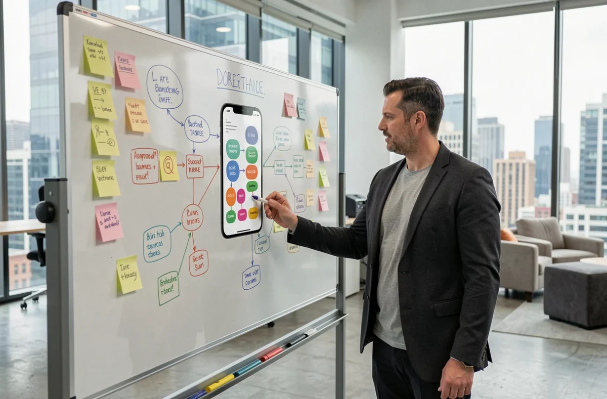 Professionnel masculin présentant une stratégie de présence en ligne sur un tableau blanc interactif dans un espace de coworking