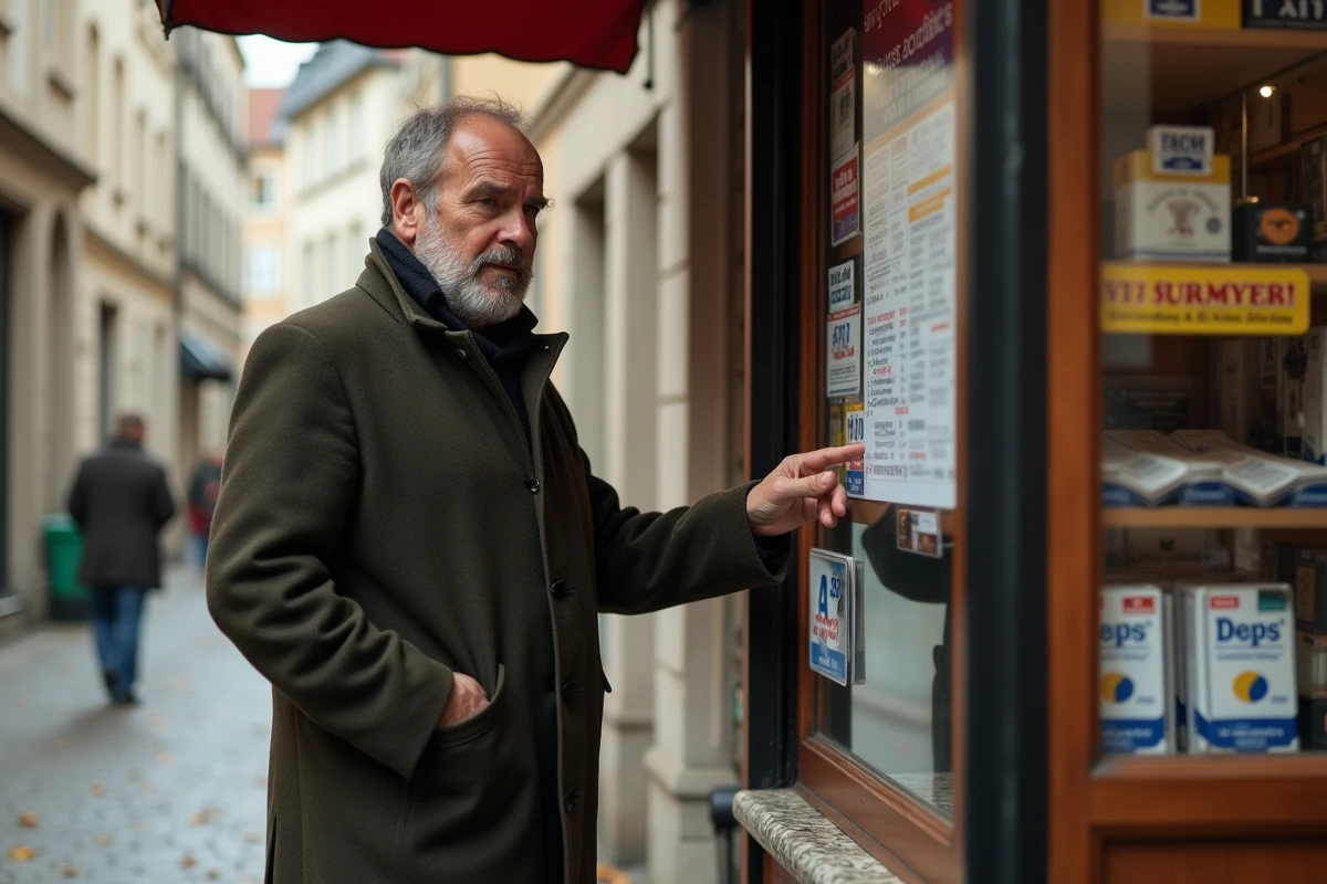 Un homme consultant les prix des cartouches de cigarettes dans un kiosque à tabac au Luxembourg en automne