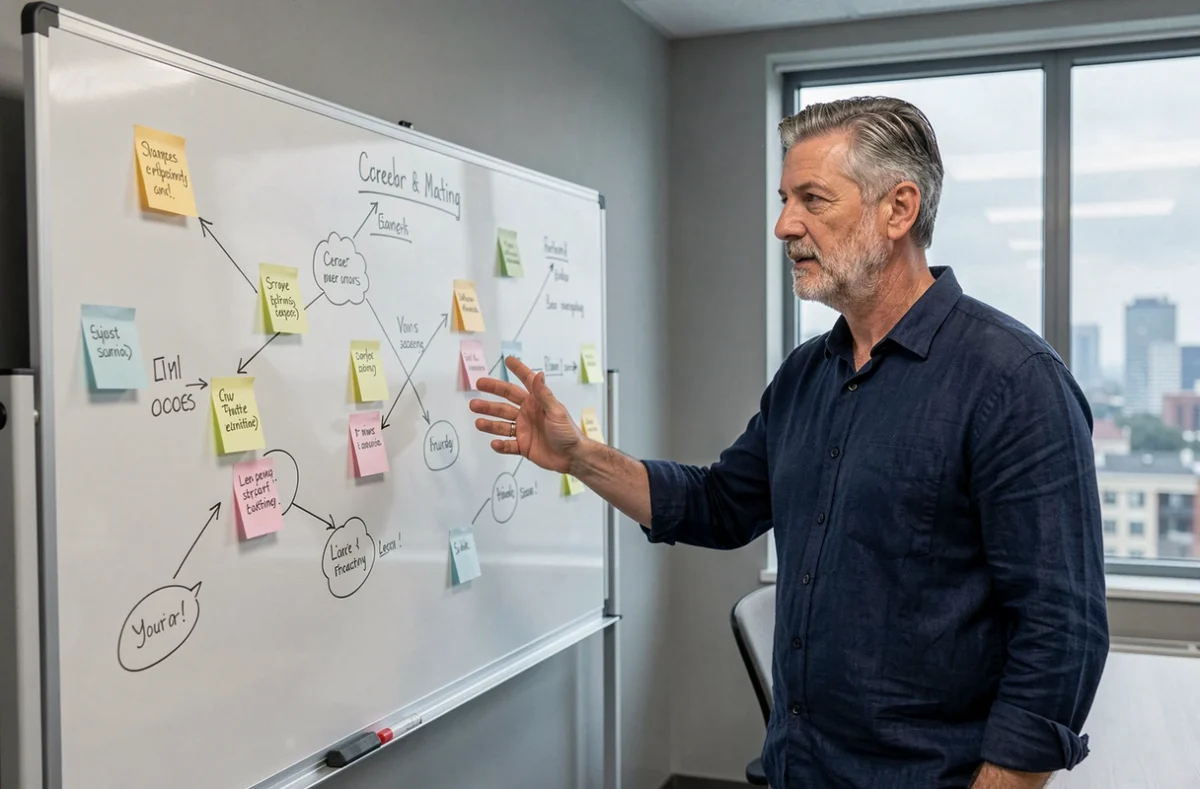 Homme en pleine reconversion de carrière analysant un tableau de bord de compétences professionnelles